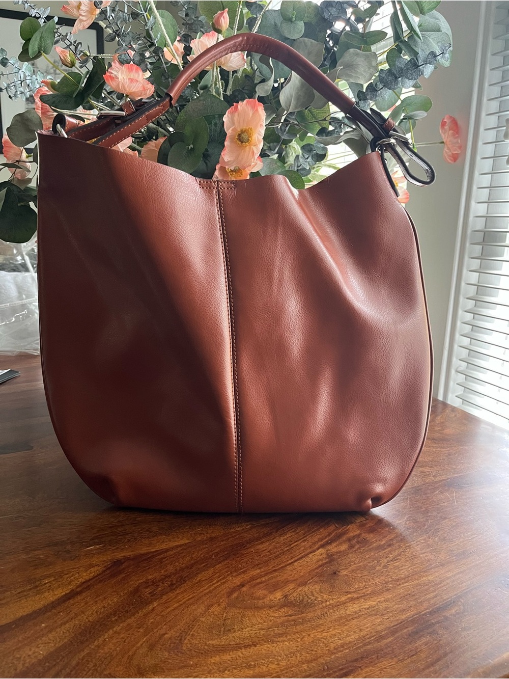 COLAB 2-in-1 Cognac Vegan Leather Slim Hobo Bag Leopard Interior